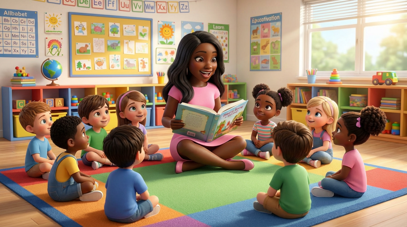 Ms. Watts teaching students in a bright classroom