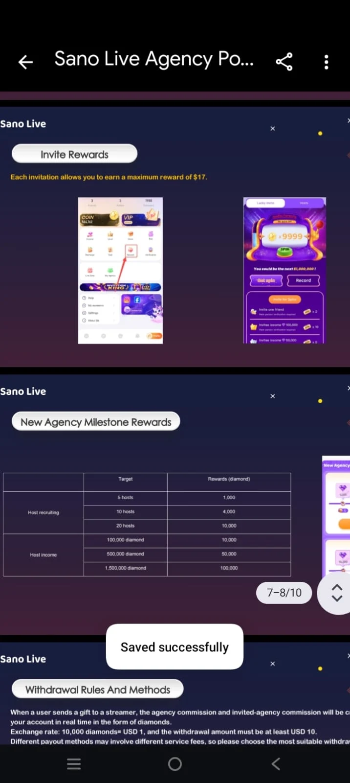 Sano Live Agency Policy full app screenshot showing Invite Rewards Lucky Invite, New Agency Milestone Rewards, and Withdrawal Rules with payment methods