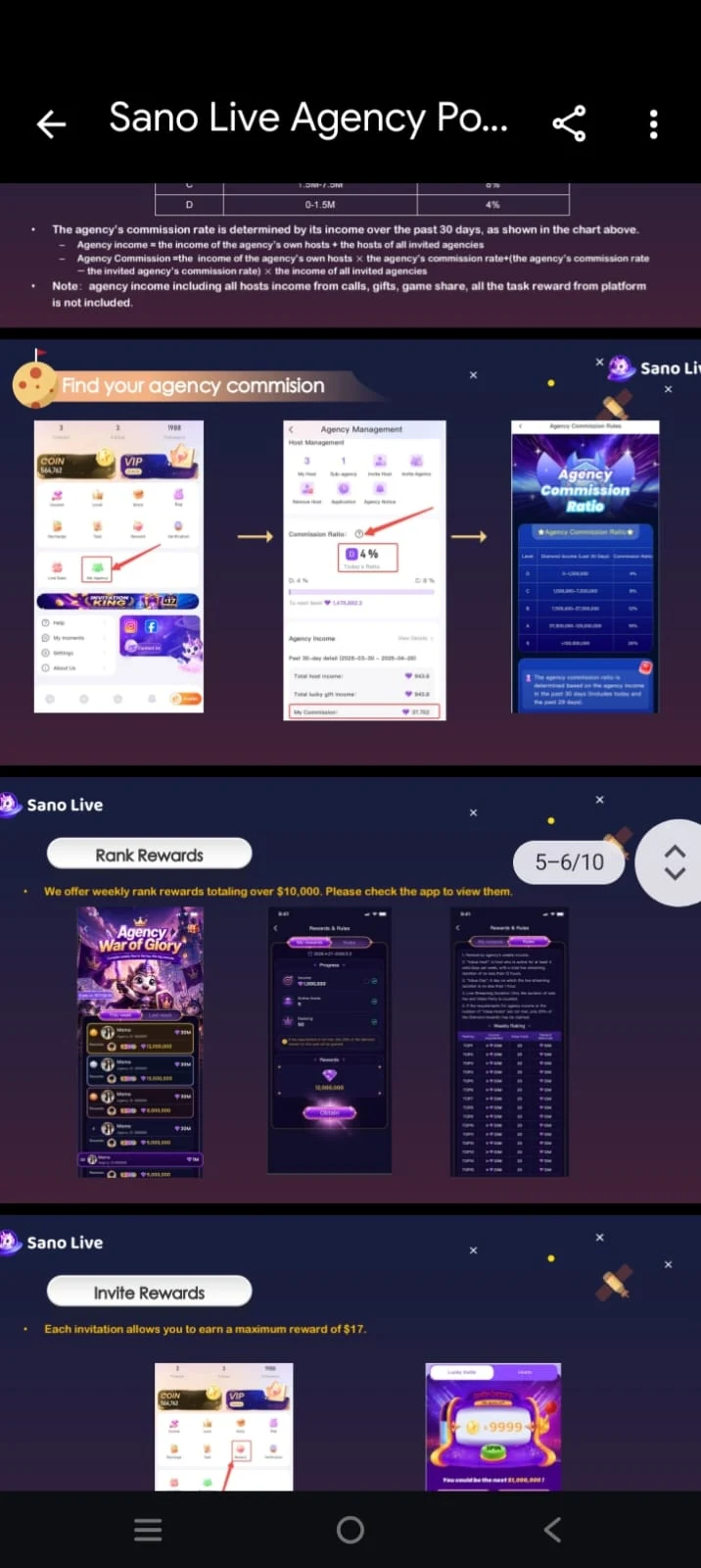 Sano Live Agency Policy full app screenshot showing Find Commission, Rank Rewards, and Invite Rewards sections