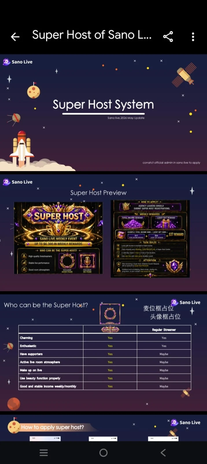 Sano Live Super Host System - Super Host Preview, Who Can Be Super Host comparison table, How to Apply guide, and Weekly Rewards breakdown
