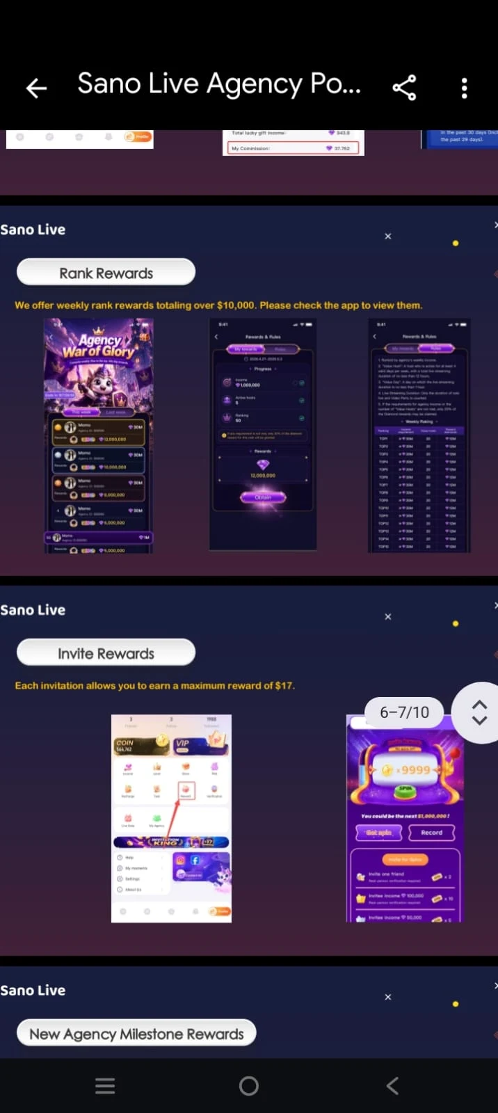 Sano Live Agency Policy full app screenshot showing Rank Rewards leaderboard, Invite Rewards screen, and New Agency Milestone Rewards table