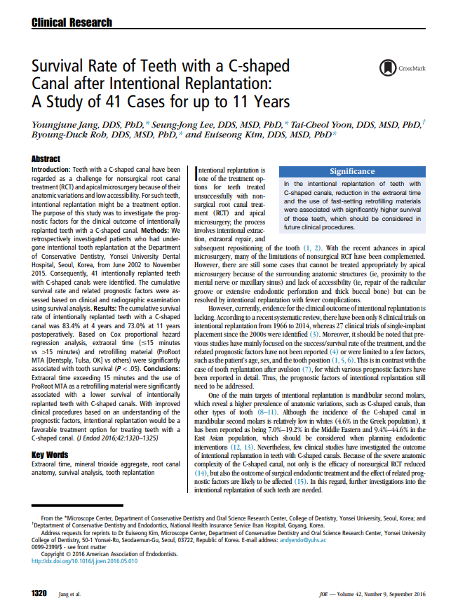 Survival Rate of Teeth with a C-shaped Canal after Intentional Replantation.
