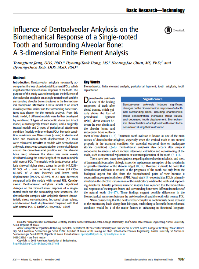 Influence of Dentoalveolar Ankylosis on the Biomechanical Response of a Single-rooted Tooth: A 3D Finite Element Analysis.