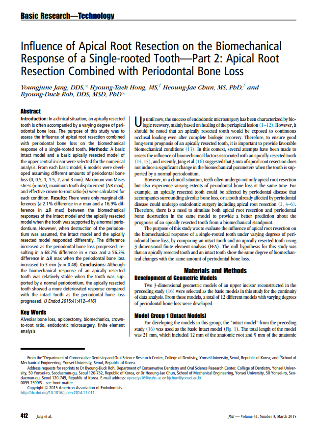 Influence of apical root resection on the biomechanical response of a single-rooted tooth: a 3D finite element analysis.