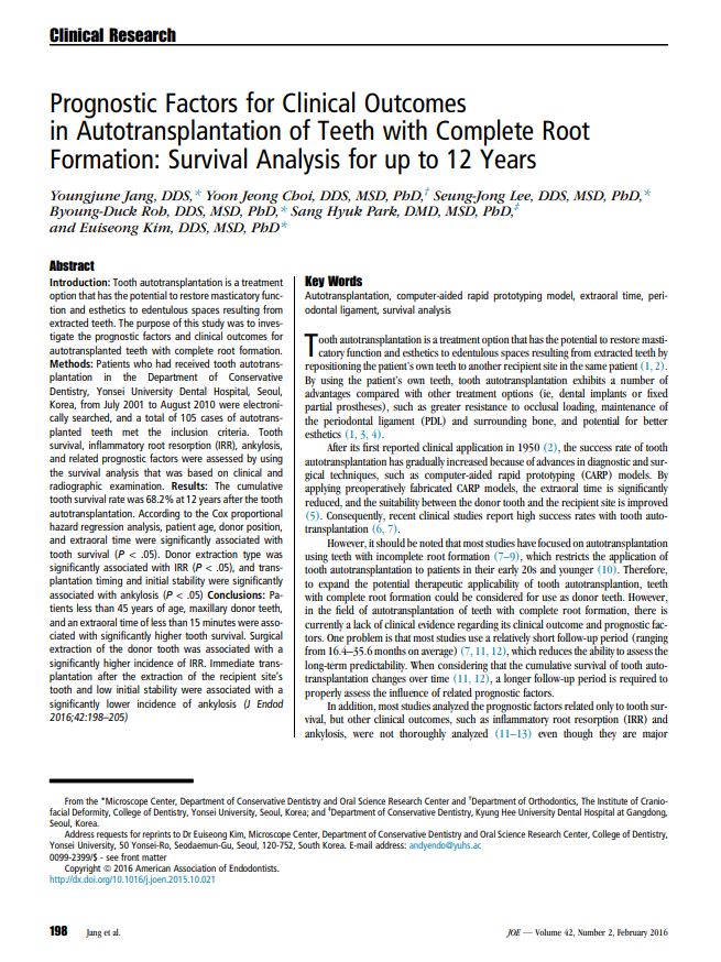 Prognostic Factors for Clinical Outcomes in Autotransplantation of Teeth with Complete Root Formation.