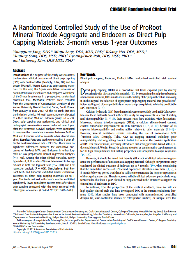 A Randomized Controlled Study of the Use of ProRoot MTA and Endocem as Direct Pulp Capping Materials.