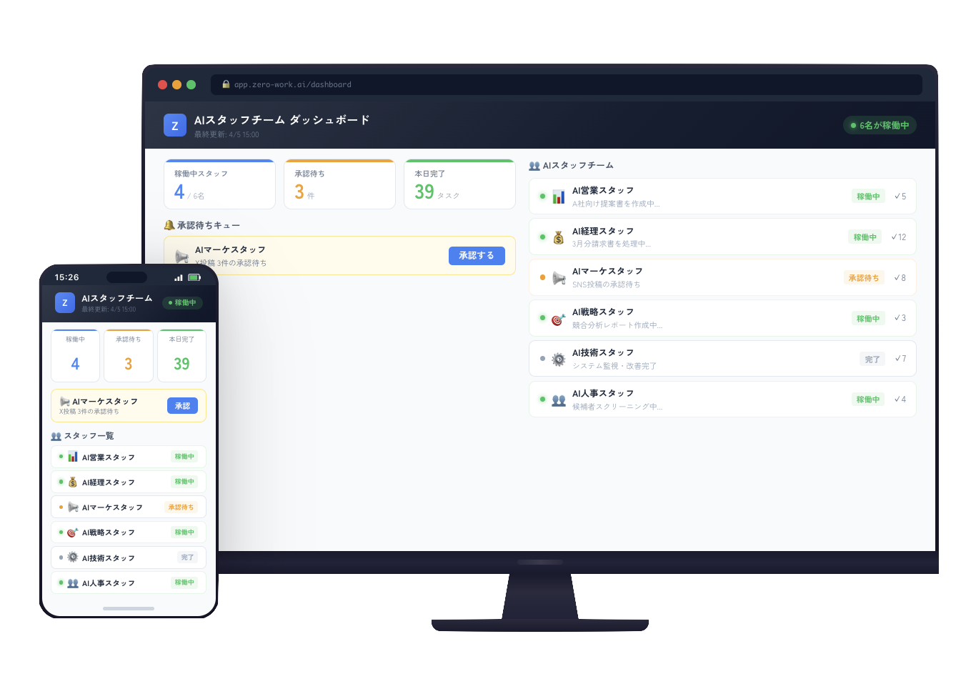 AIスタッフチームのダッシュボード画面。PCとスマートフォンの両方で管理可能。