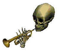 Skeleton playing trumpet animated GIF on a custom website developer guestbook section