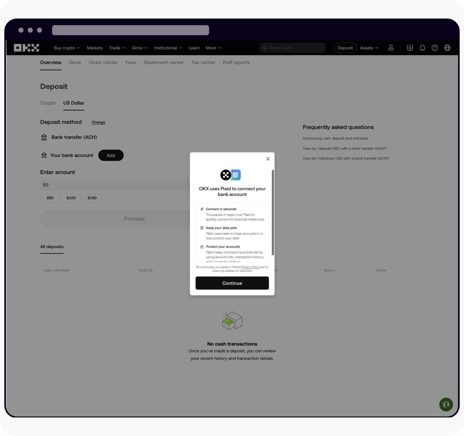 OKX ACH bank transfer deposit — free same-bank transfer to fund your OKX account
