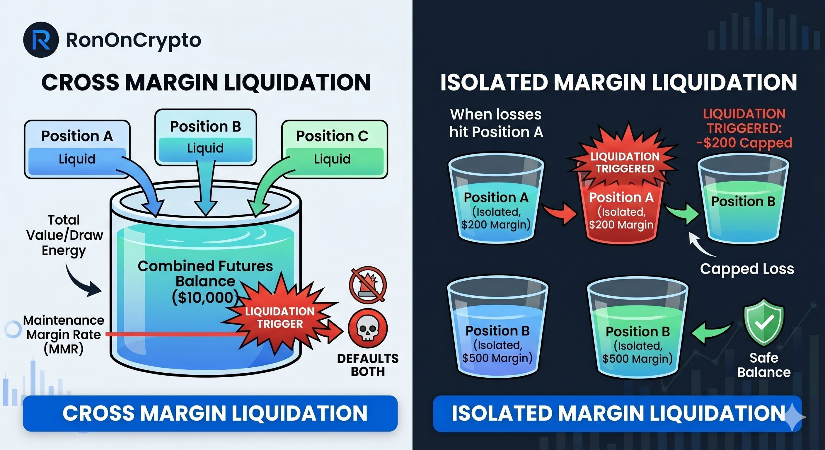 Crypto futures liquidation diagram — cross margin vs isolated margin liquidation mechanics
