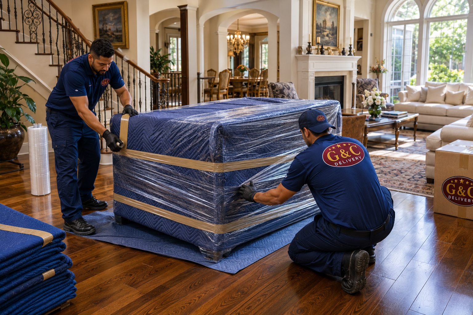 G&C moving team handling wrapped furniture with care