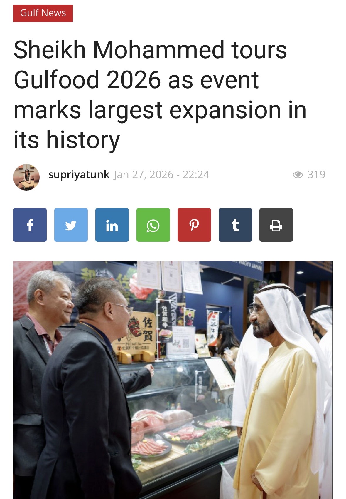 佐賀和牛輸出協議会として、Gulfood 2026に出展しました。誠に光栄な事に、ドバイ首長国の最高権力者、シェイク・モハメッド・ビン・ラシード・アル・マクトゥーム閣下に、佐賀和牛協議会のブースにお立ち寄りいただきました。