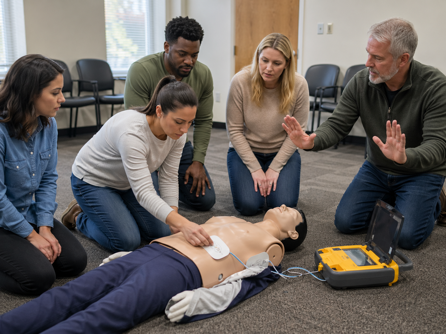 Hands-on CPR skills practice — Heartsaver training Burlington Hamilton CPR skills practice during Heartsaver course