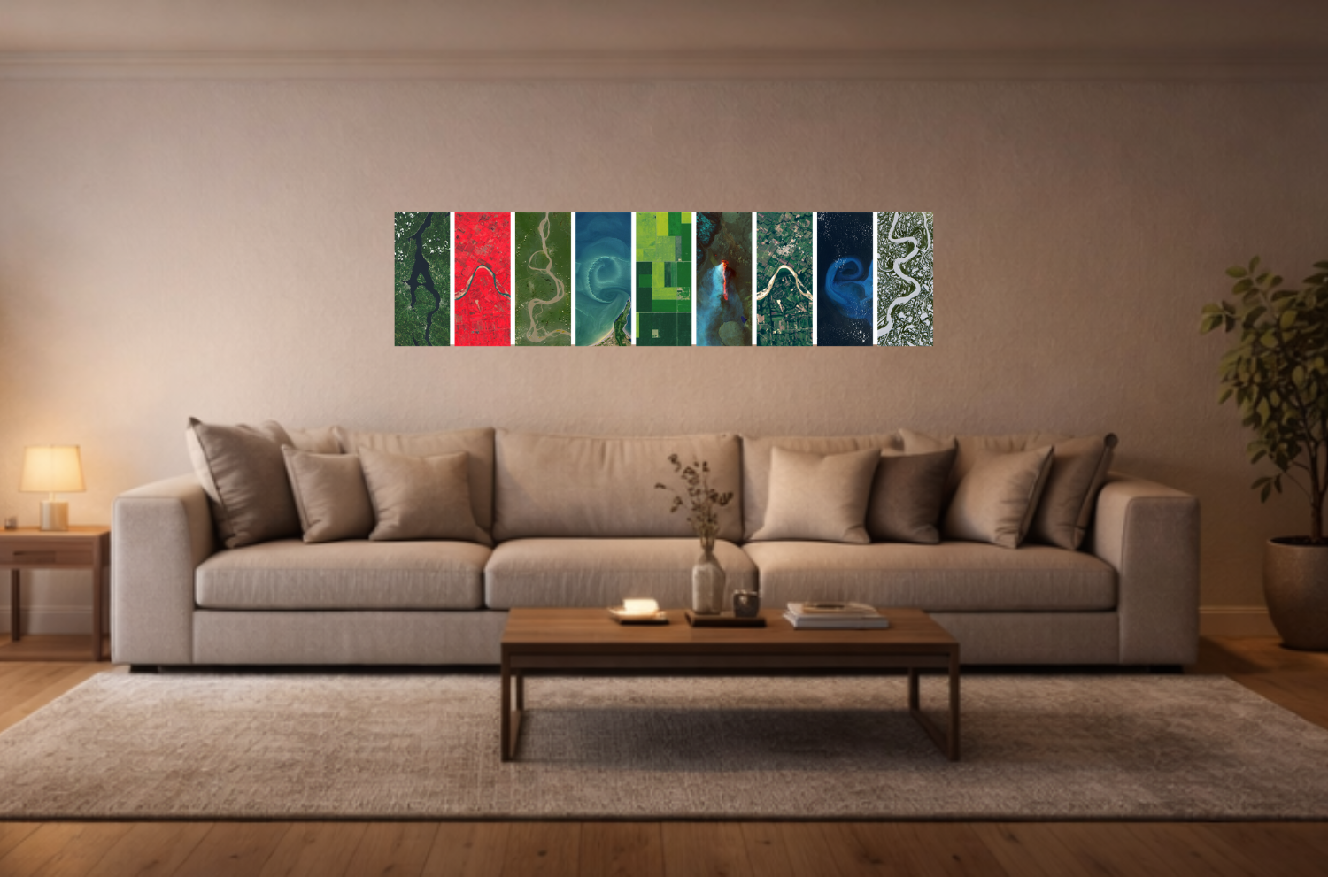 Mockup cuadro 30 × 90 cm en salón