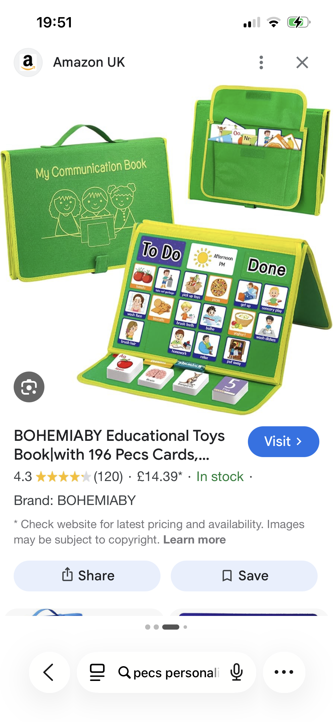 Bear's real PECS communication cards — daily choices