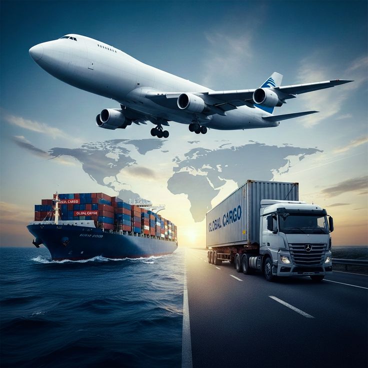 Global logistics operations — cargo aircraft, shipping containers, and luxury ground transport