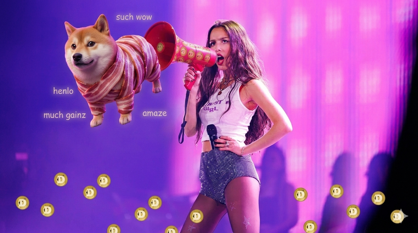 Olivia Rodrigo on stage with Bacon Wrapped Doge - $BACONDOGE brings the sizzle to every stage