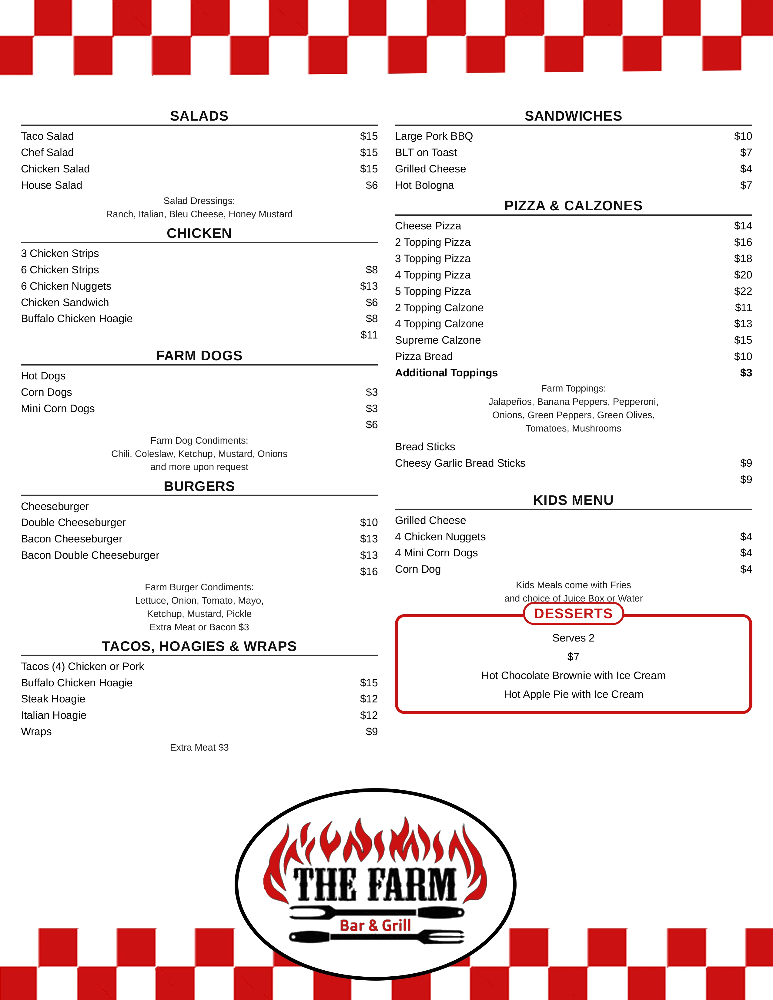The Farm Bar & Grill Menu Page 2