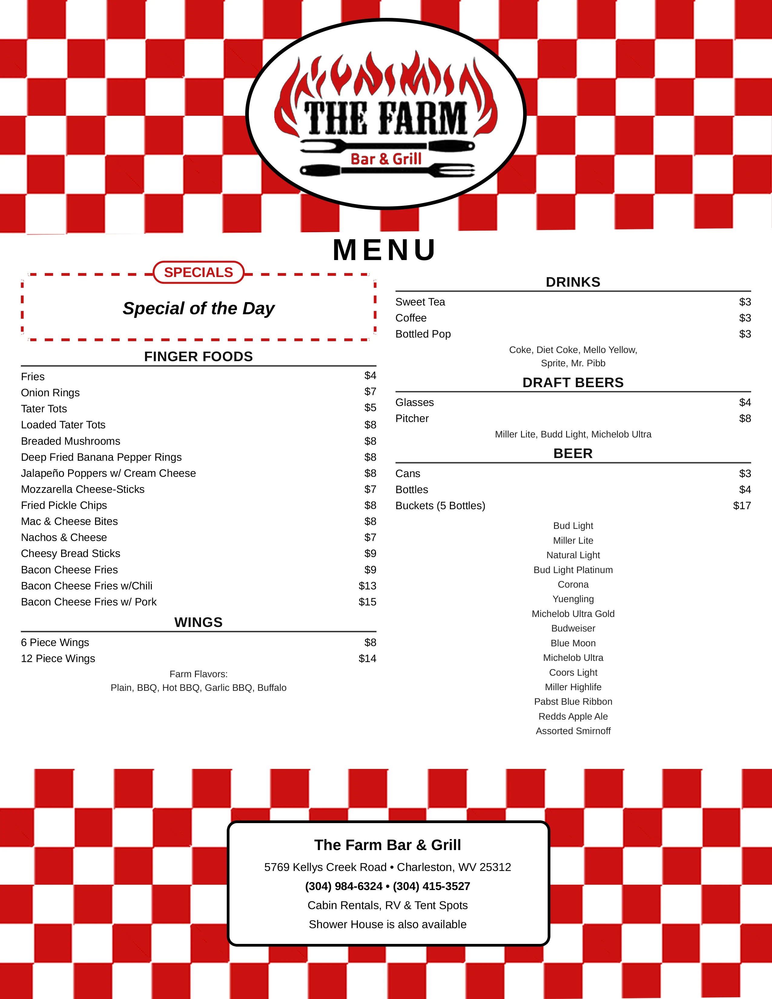 The Farm Bar & Grill Menu Page 1