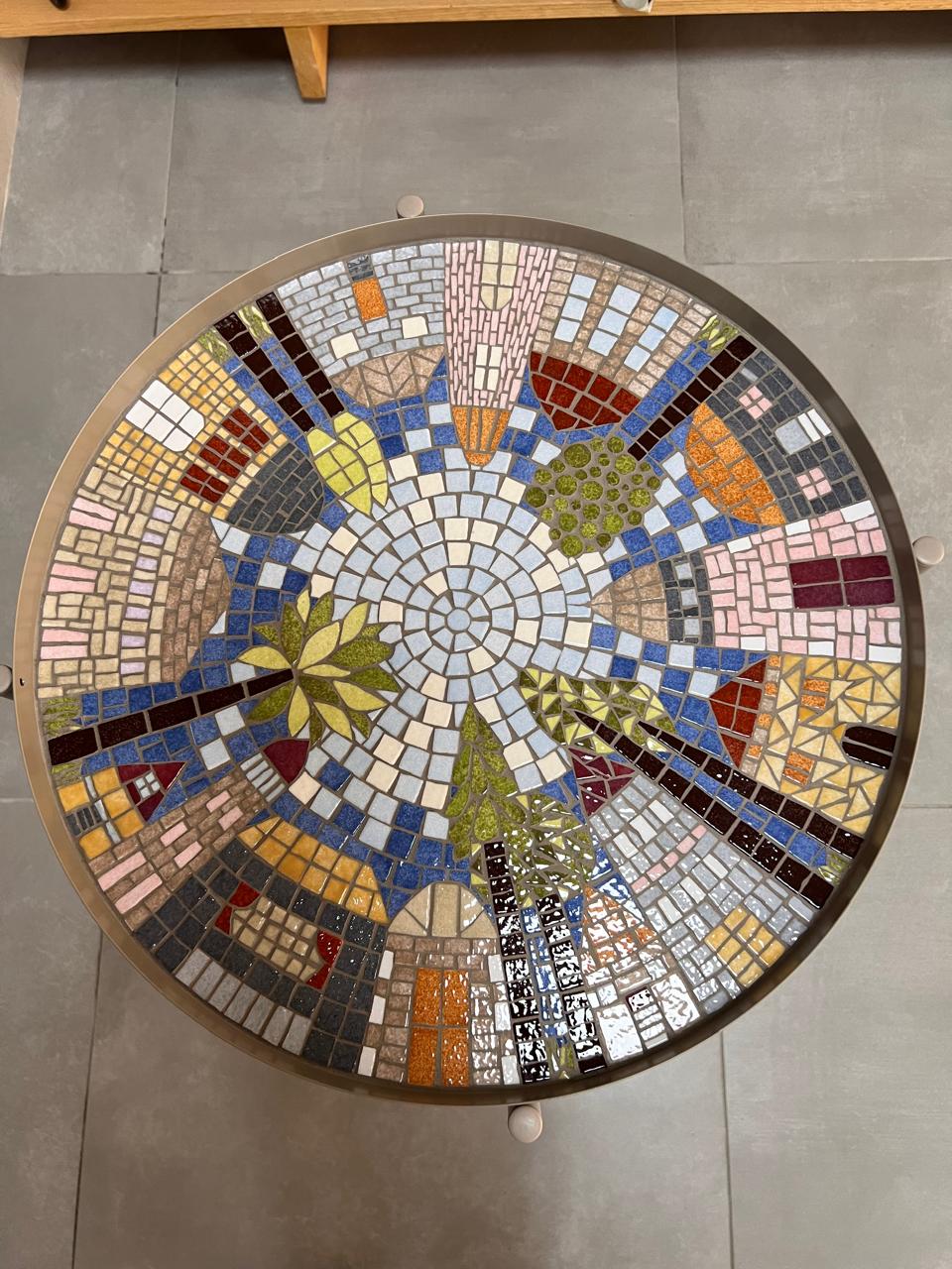 Iris Panel Decorative mosaic panel with stylized iris flowers in deep blue and sage green