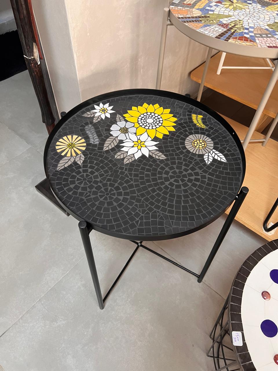 Living room mosaic table in caramel sand and ivory with natural warmth