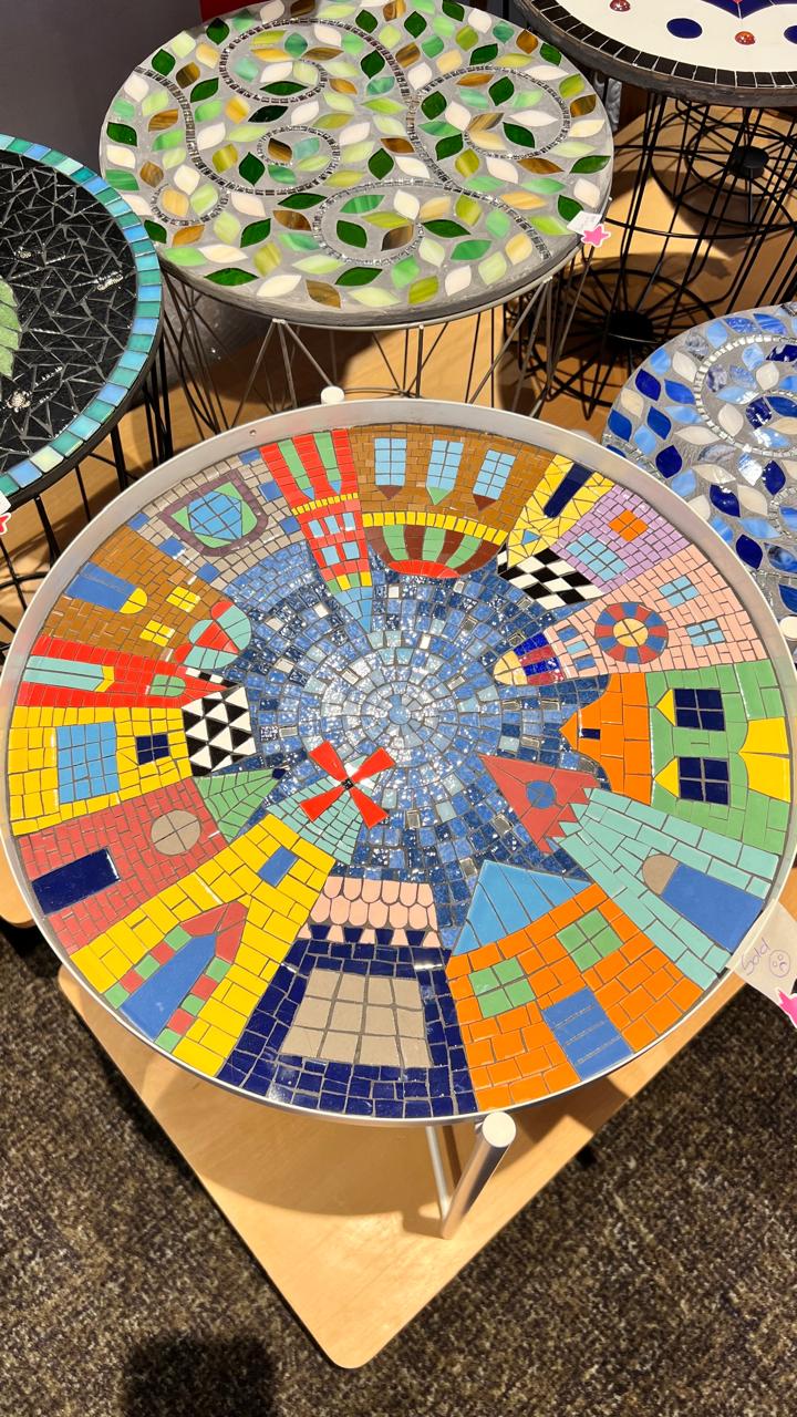 Labyrinthine mosaic composition in grey white and cream tesserae