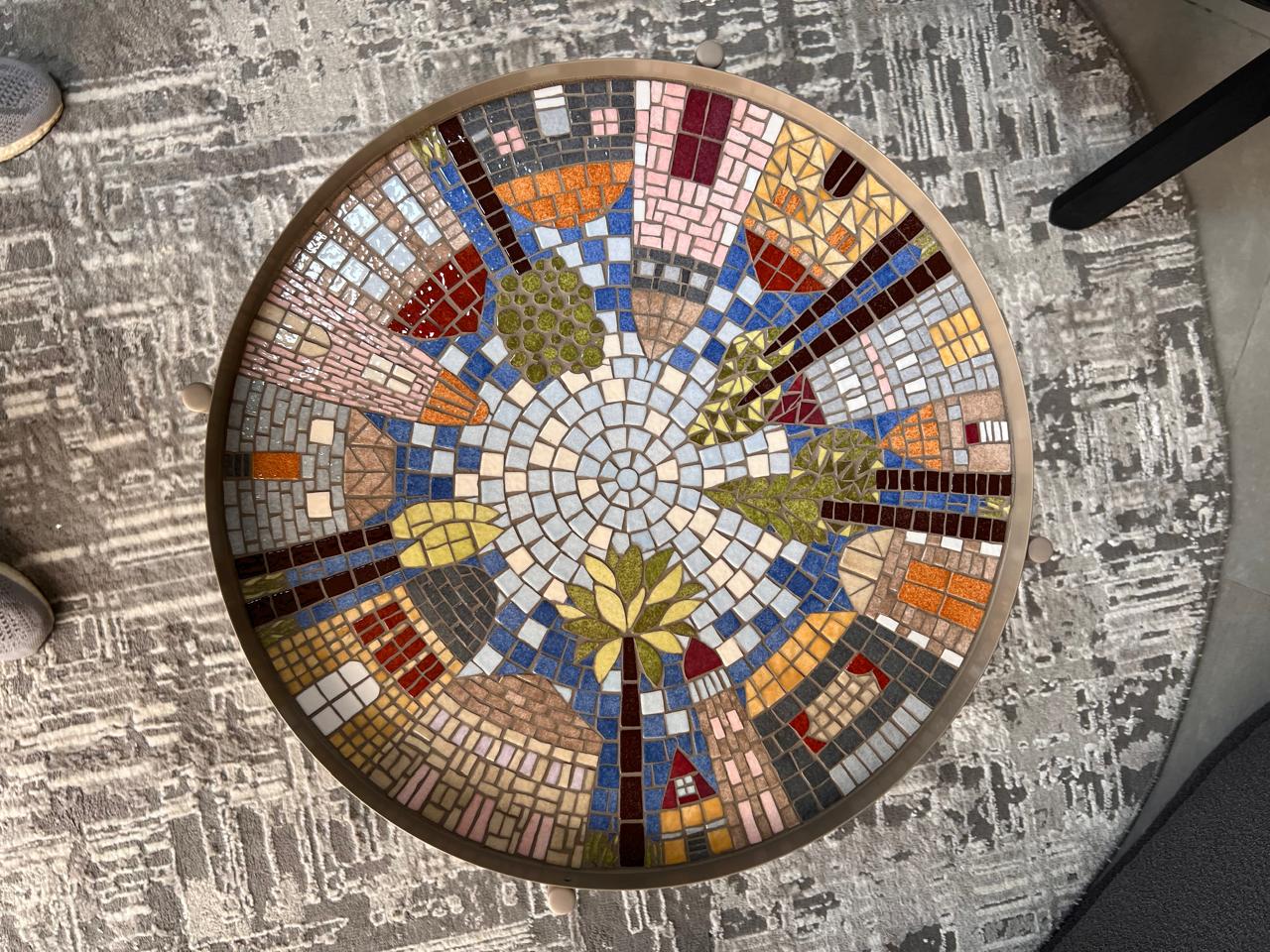 Blooming peony mosaic artwork in carmine red pink and leaf green tesserae