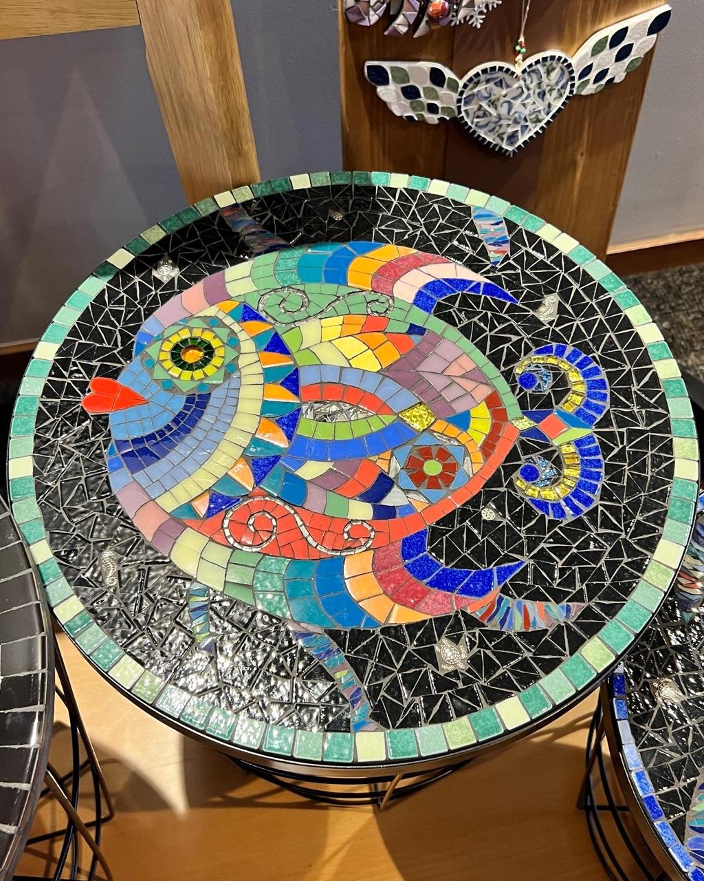 Blue zellige mosaic wall wainscot in indigo and turquoise with golden border