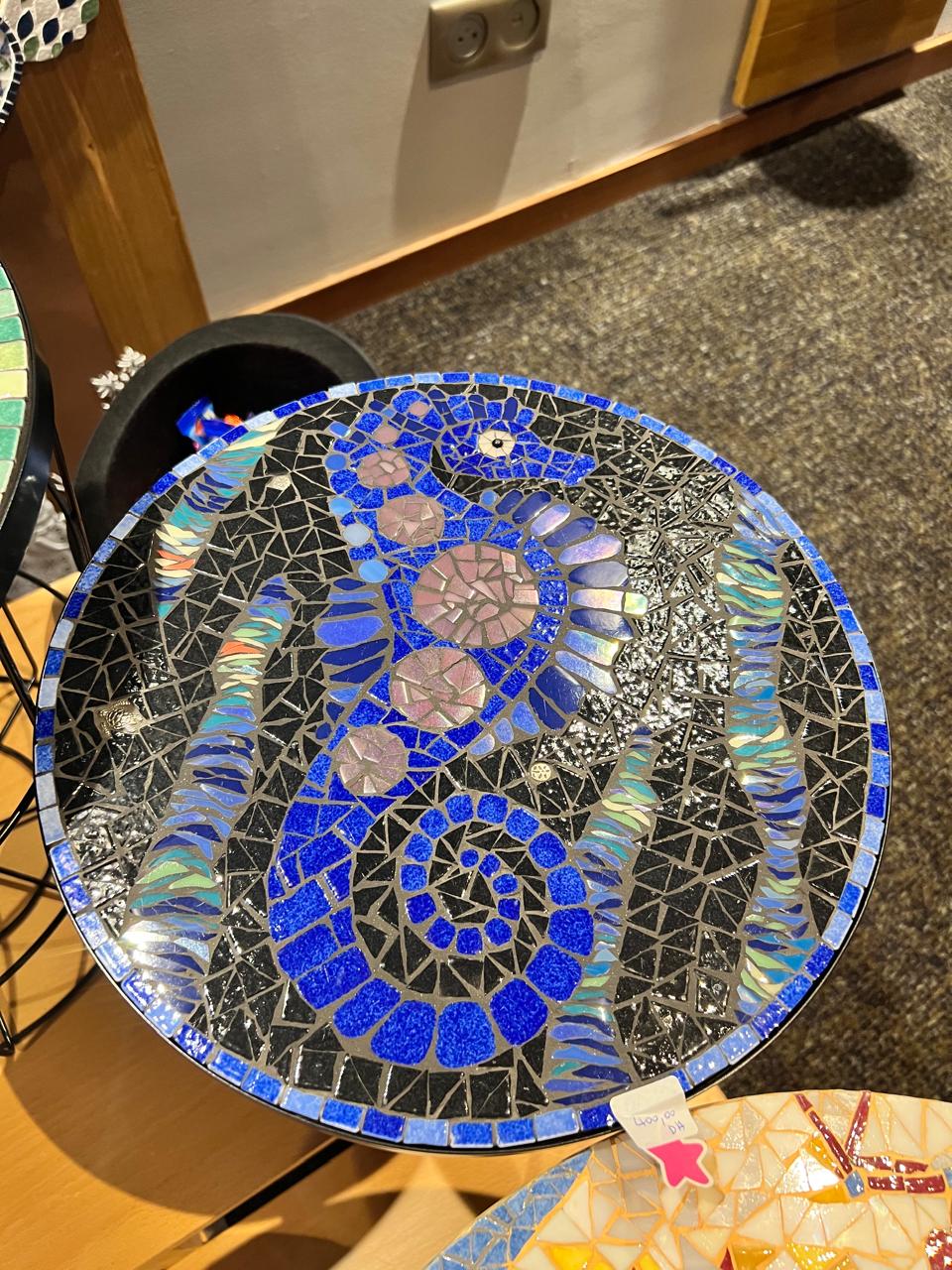 Spring floral mosaic table with beige and pearly white tones