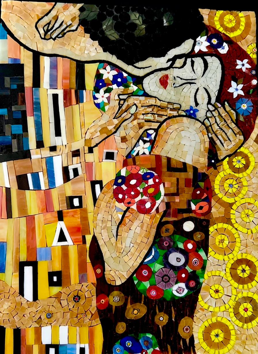 Round mosaic table with polar star motif in indigo blue and icy white