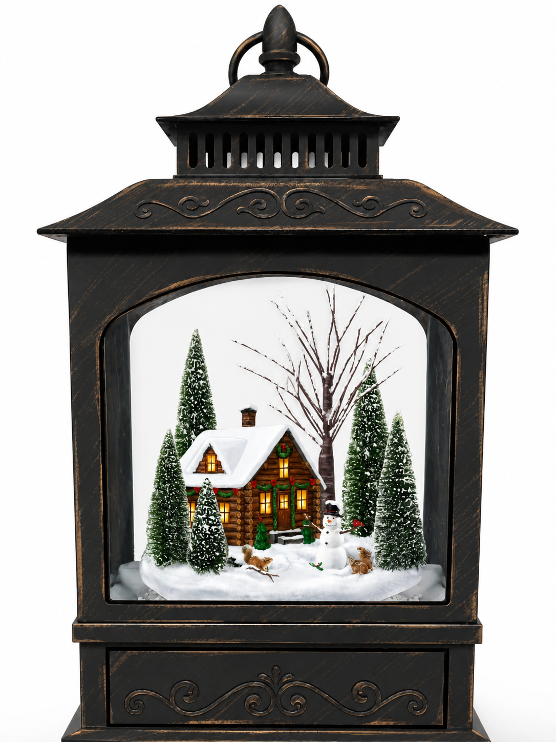 Custom lantern-style snow globe with a glowing winter village and snow-covered cottages inside