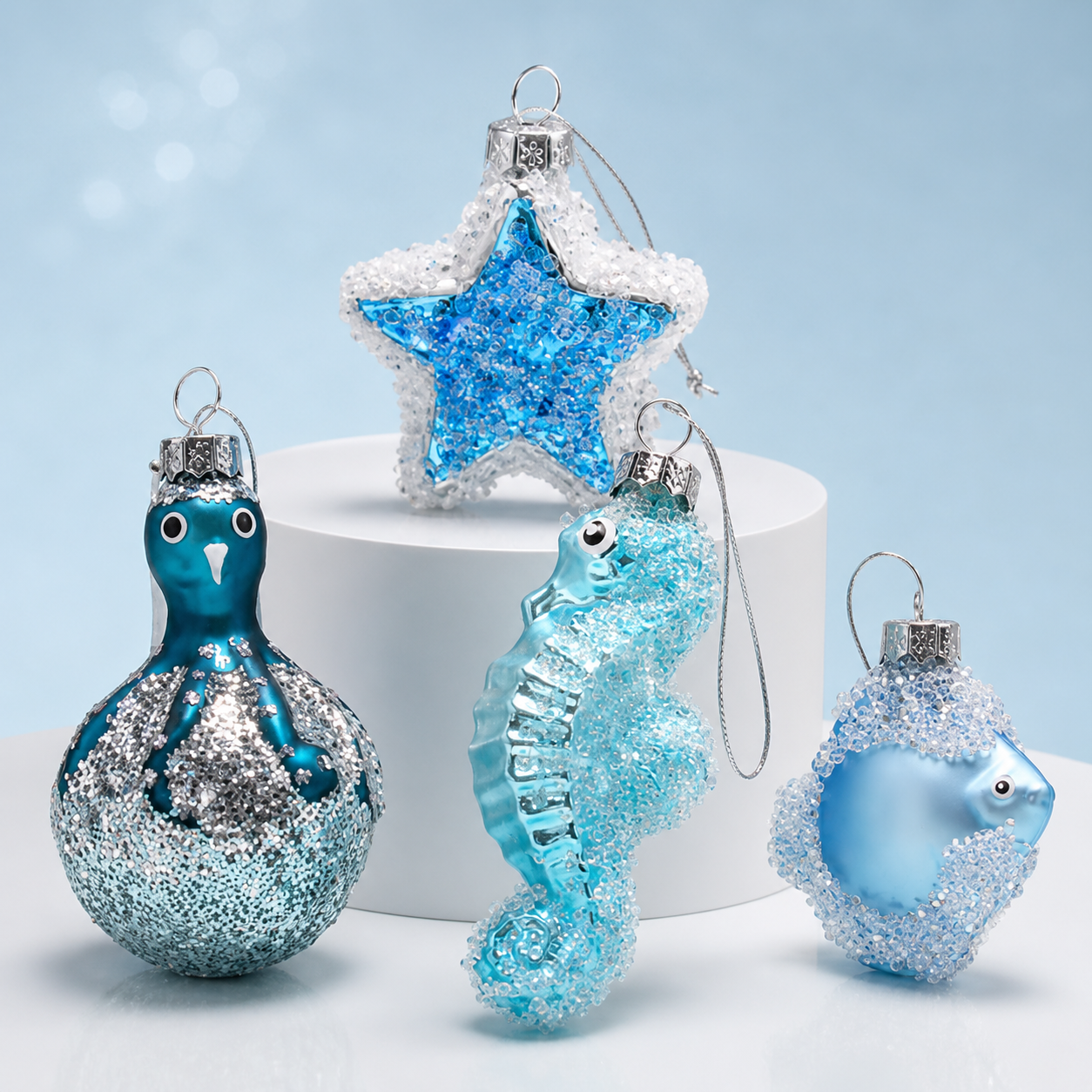 Custom glass ornament underwater sea life themed design with marine creatures for coastal and nautical gifting