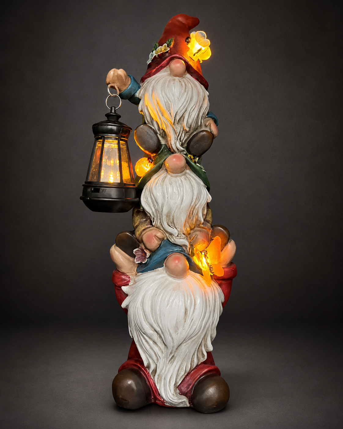 Custom resin figurine stacked gnomes lantern with warm LED glow for cozy holiday ambiance