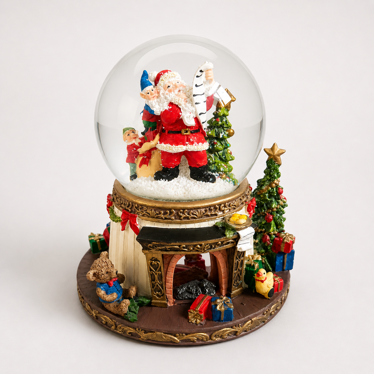Custom snow globe featuring Santa and cheerful elves in a detailed Christmas workshop scene
