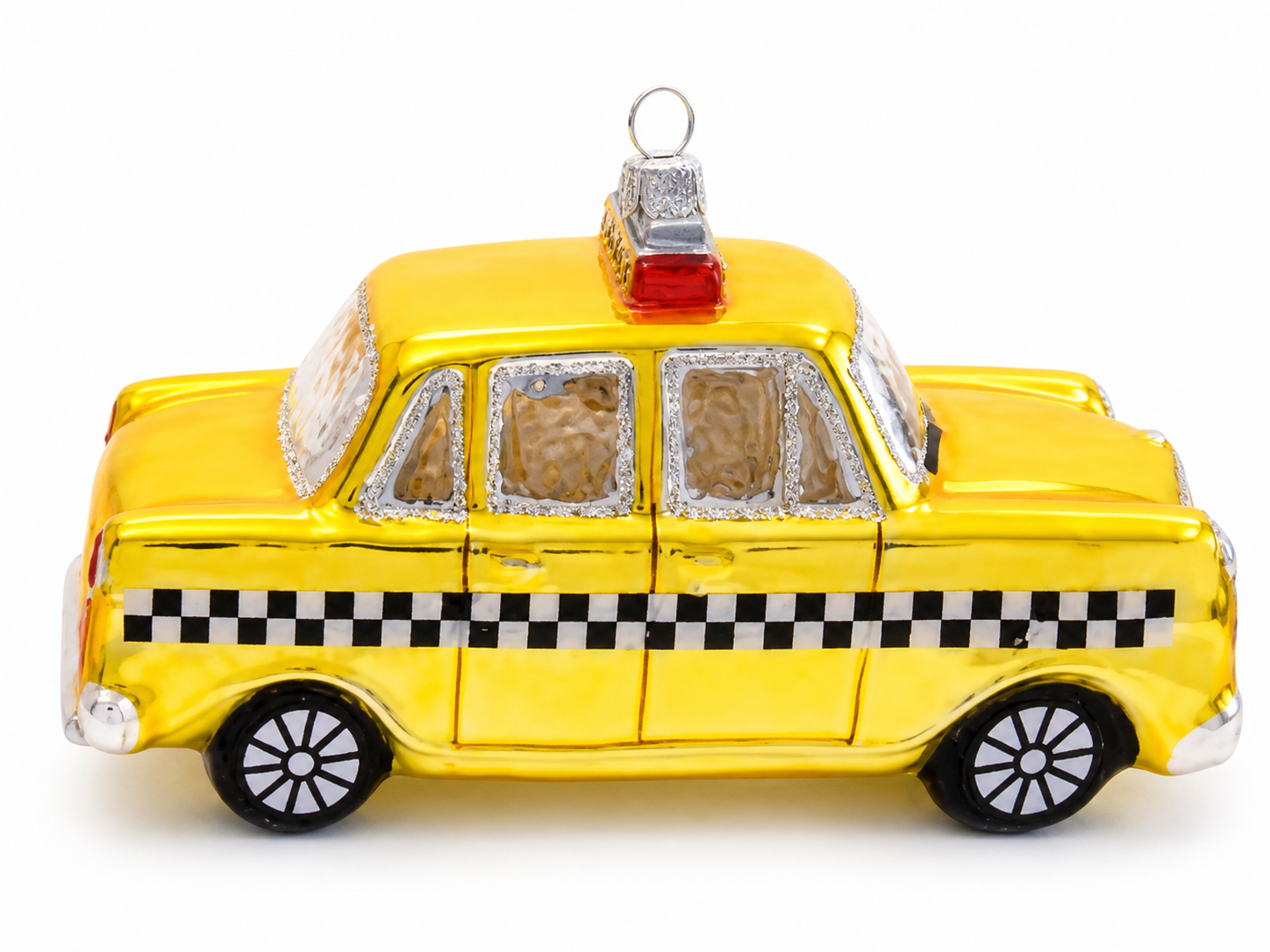 Custom glass ornament classic yellow taxi cab vehicle design for city-themed and travel-inspired holiday collections