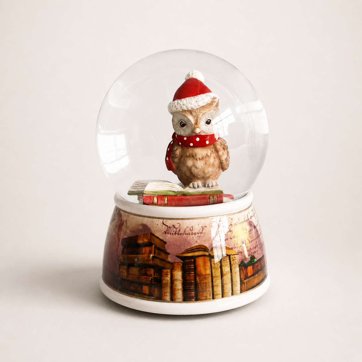 Custom owl and books holiday snow globe perched on stacked books for literary-themed gifts