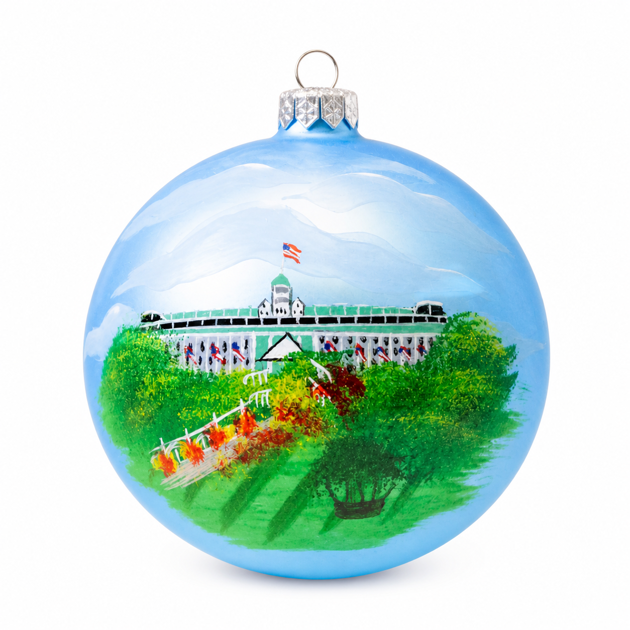 Custom glass ornament intricate hand-painted architectural building design with detailed facade artwork
