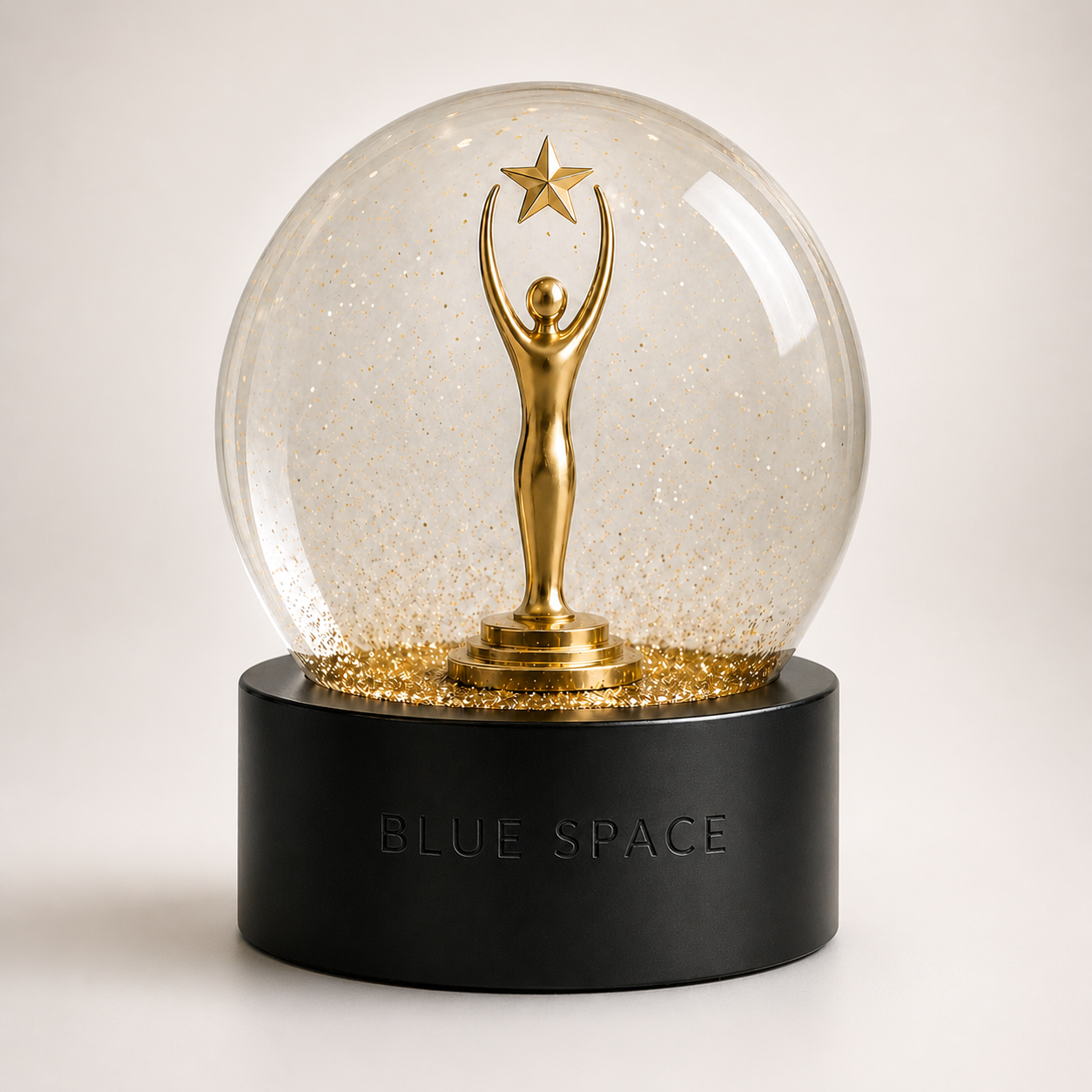 Custom award trophy snow globe with a gold figure inside a crystal-clear dome and polished base