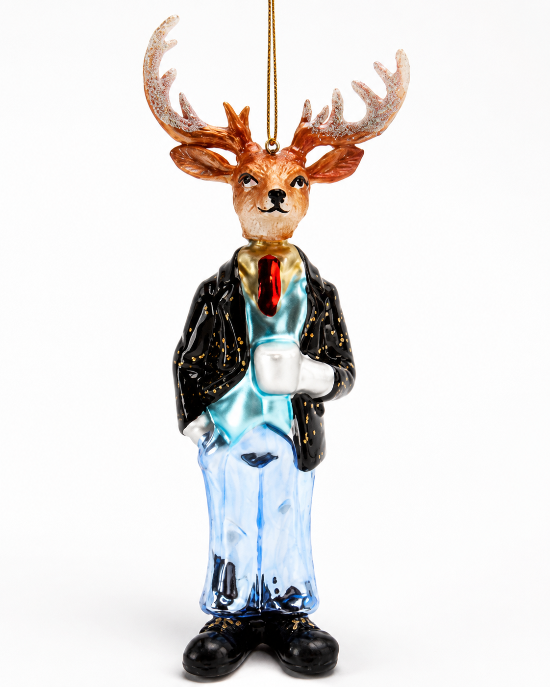 Custom glass ornament whimsical deer gentleman character in a suit and top hat for elegant holiday collections
