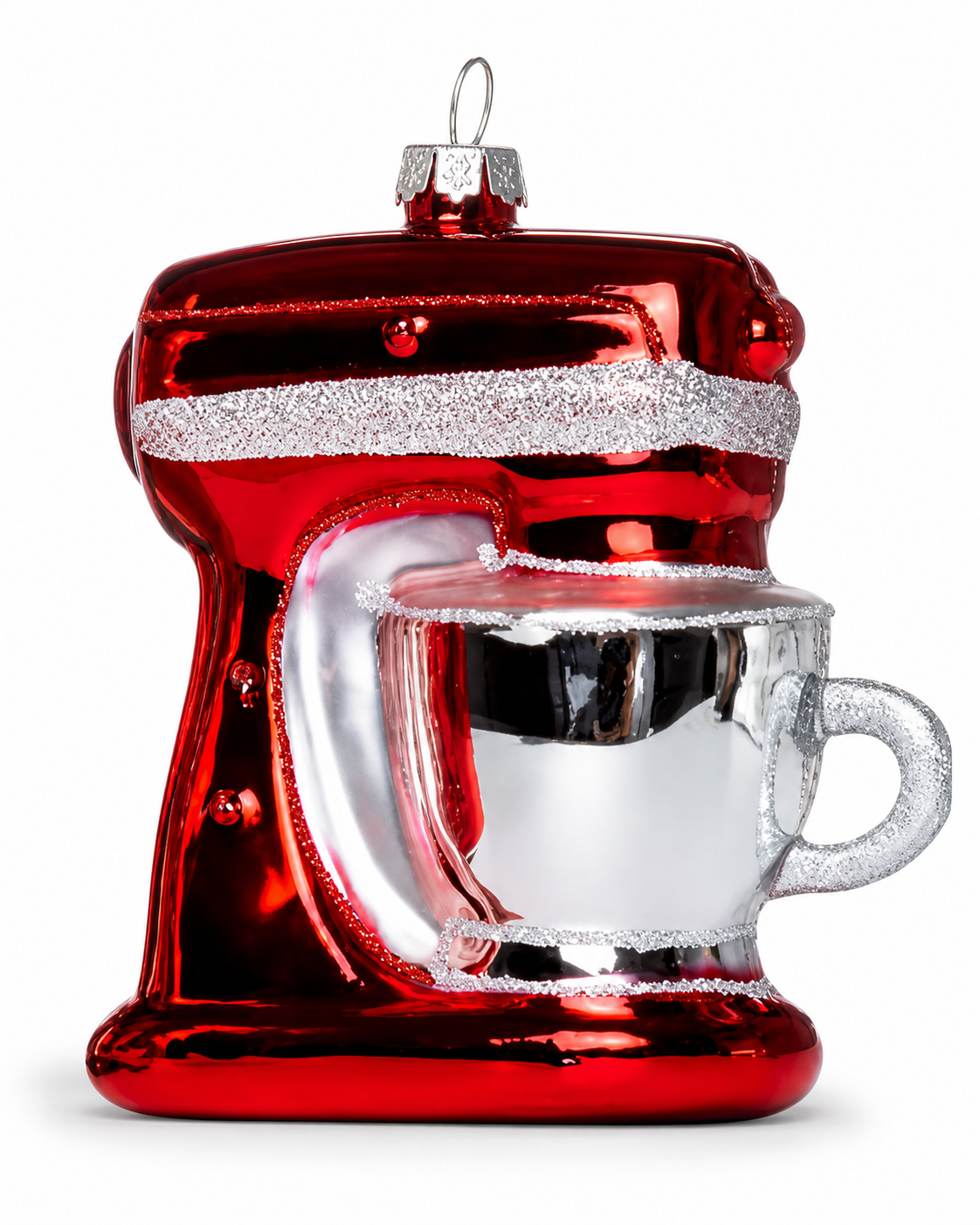 Custom glass ornament coffee machine themed design perfect for kitchen and cafe-inspired holiday decor