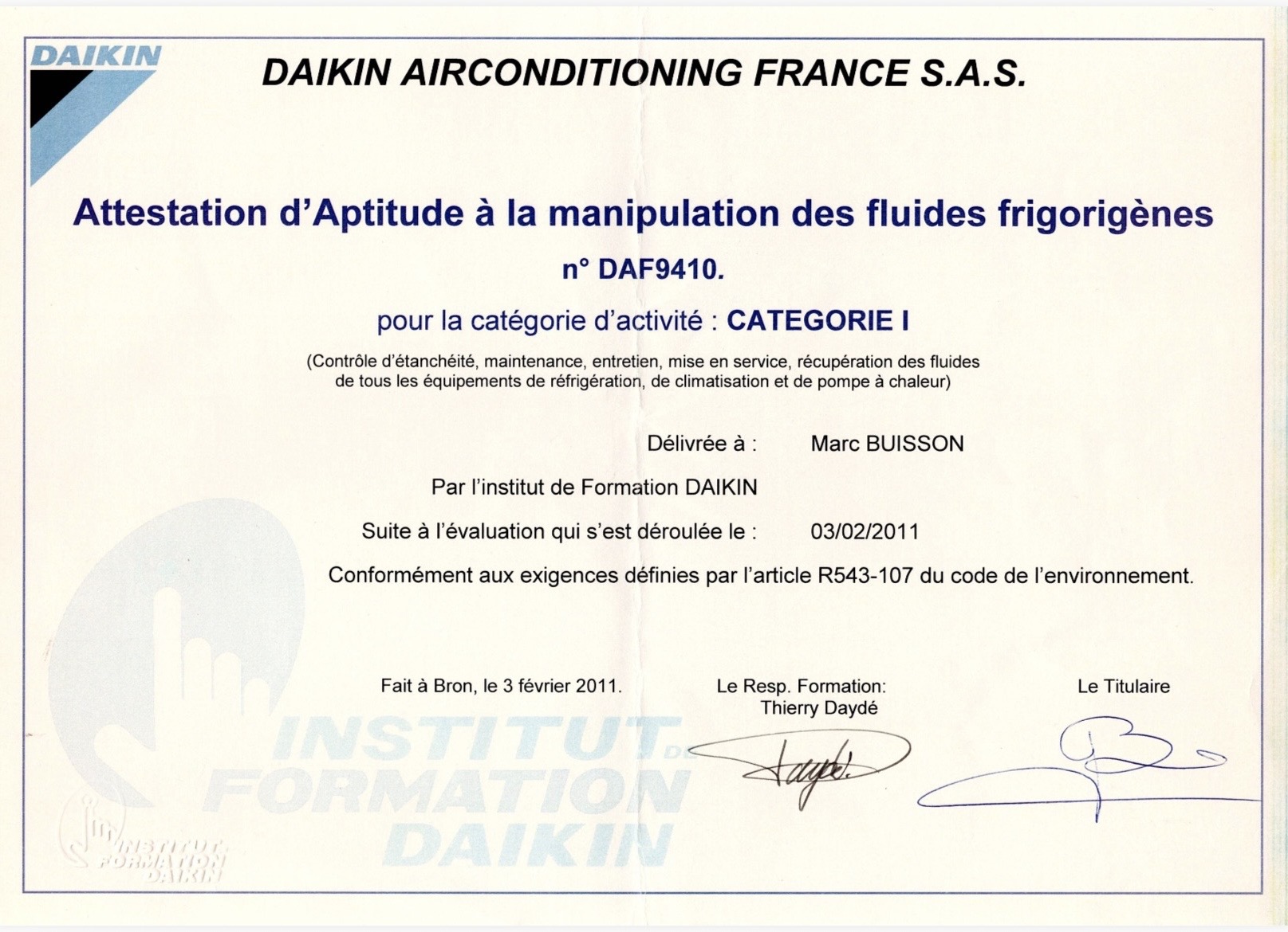Attestation d'Aptitude à la manipulation des fluides frigorigènes