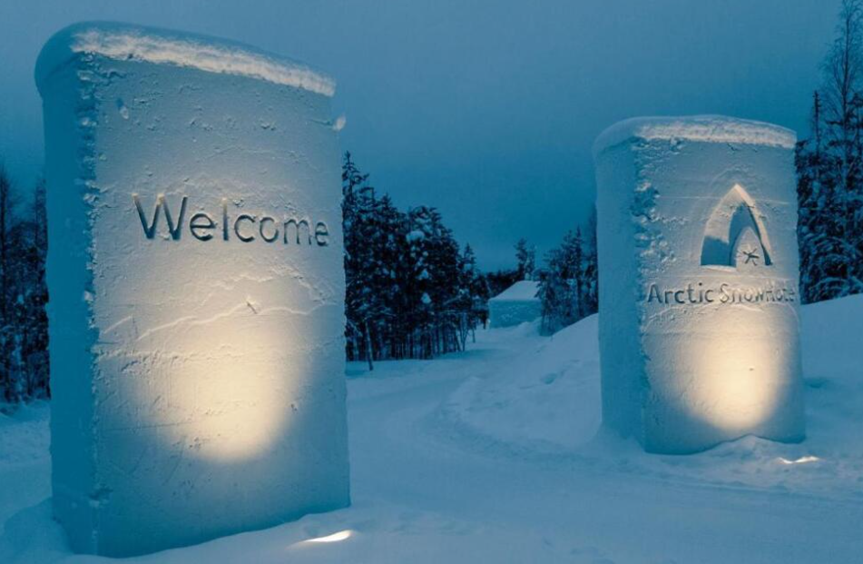 Ice Hotel — Grand exterior illuminated at night