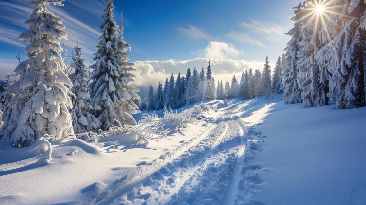 Lapland — Snowy scenery with sunrise sleigh path