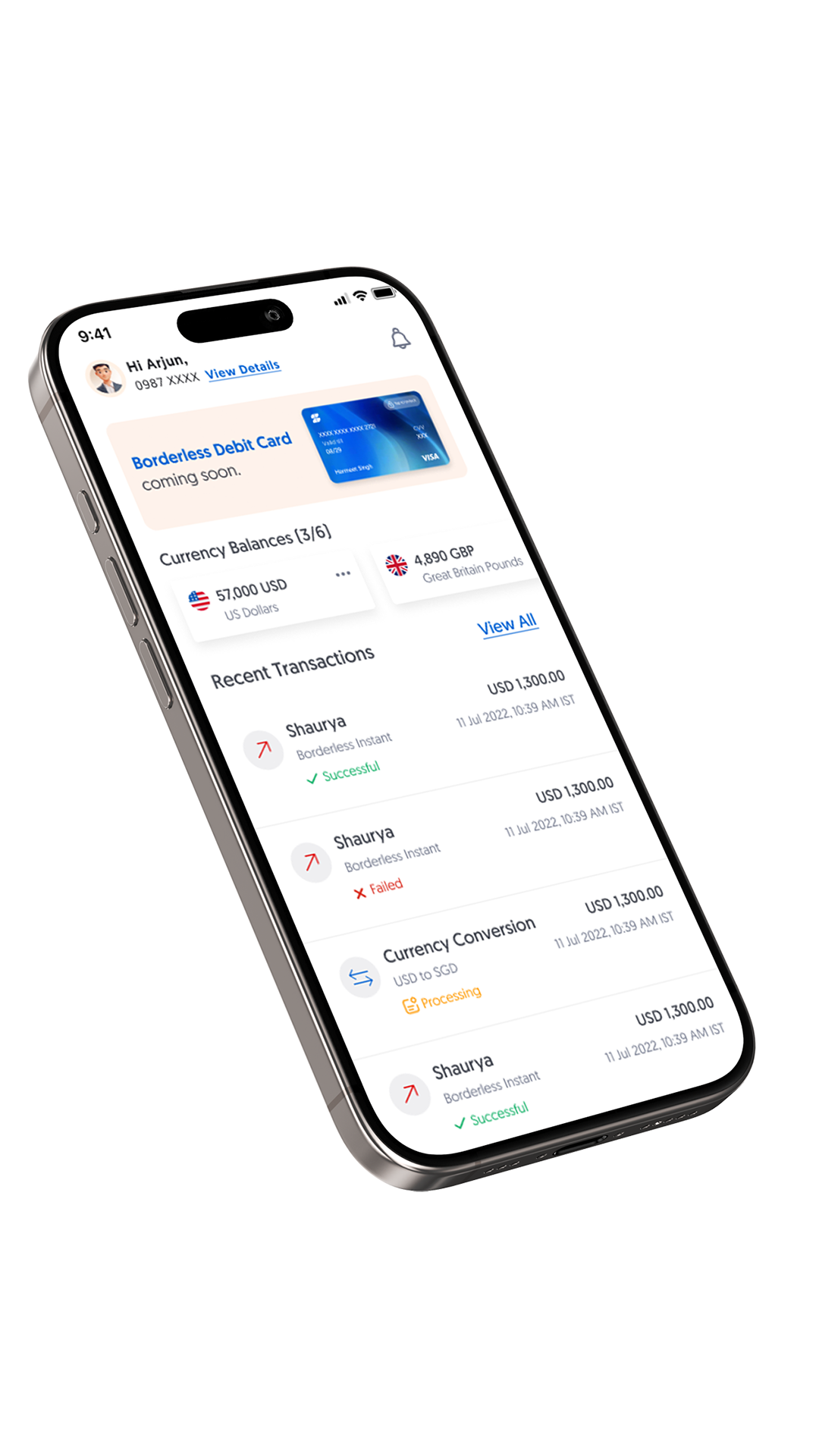Borderless App Mockup showing multi-currency account dashboard