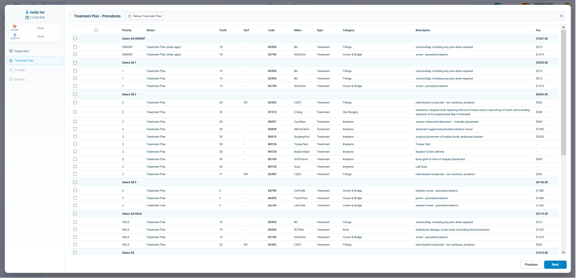 DAI treatment plan selection interface showing planned procedures connected directly to scheduling