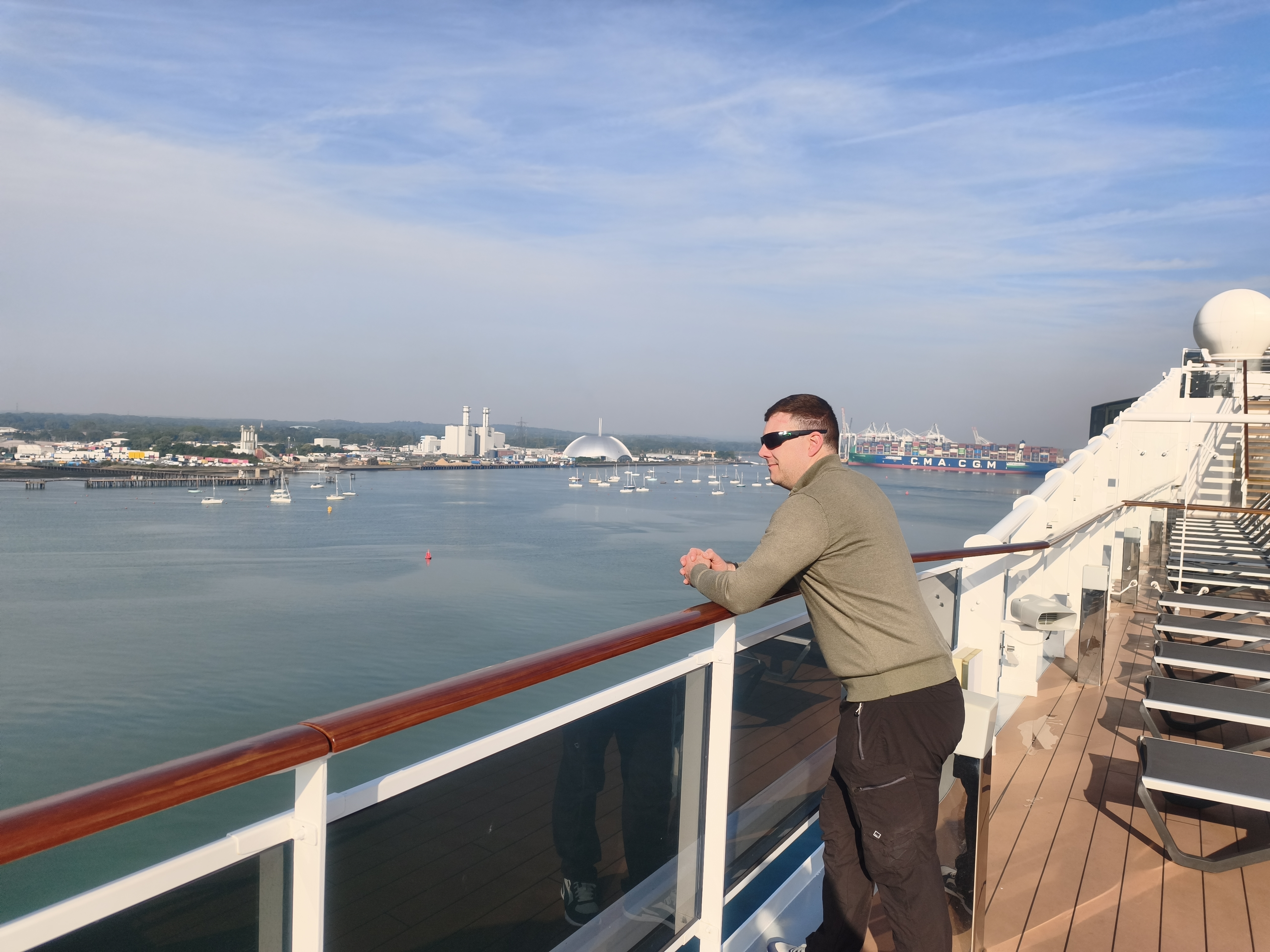 Southampton dock viewed from a cruise ship deck on a calm disembarkation morning