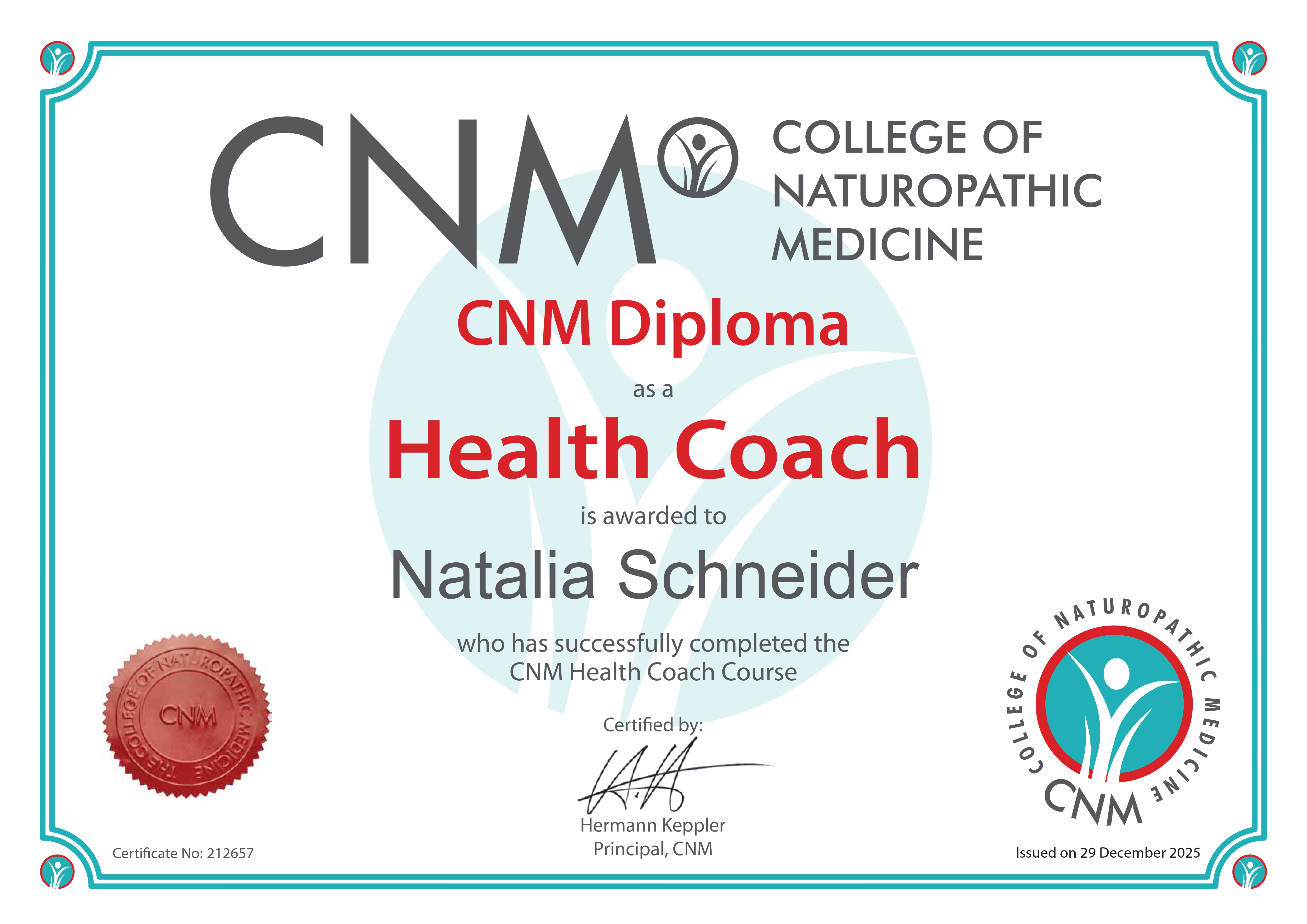 CNM Diploma in Health Coaching — Natalia Schneider, Refine Longevity CNM Diploma in Health Coaching — Natalia Schneider