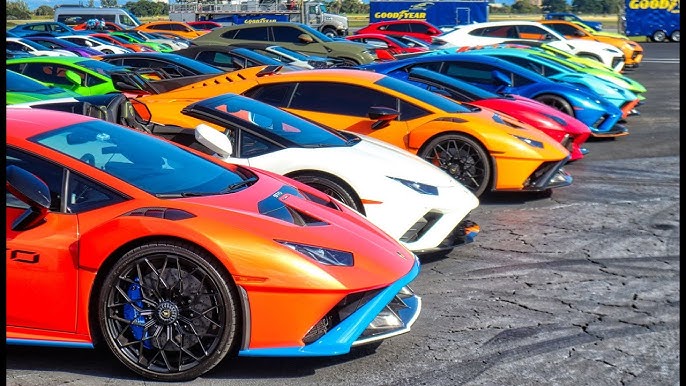 Lineup of brightly colored modern exotic cars