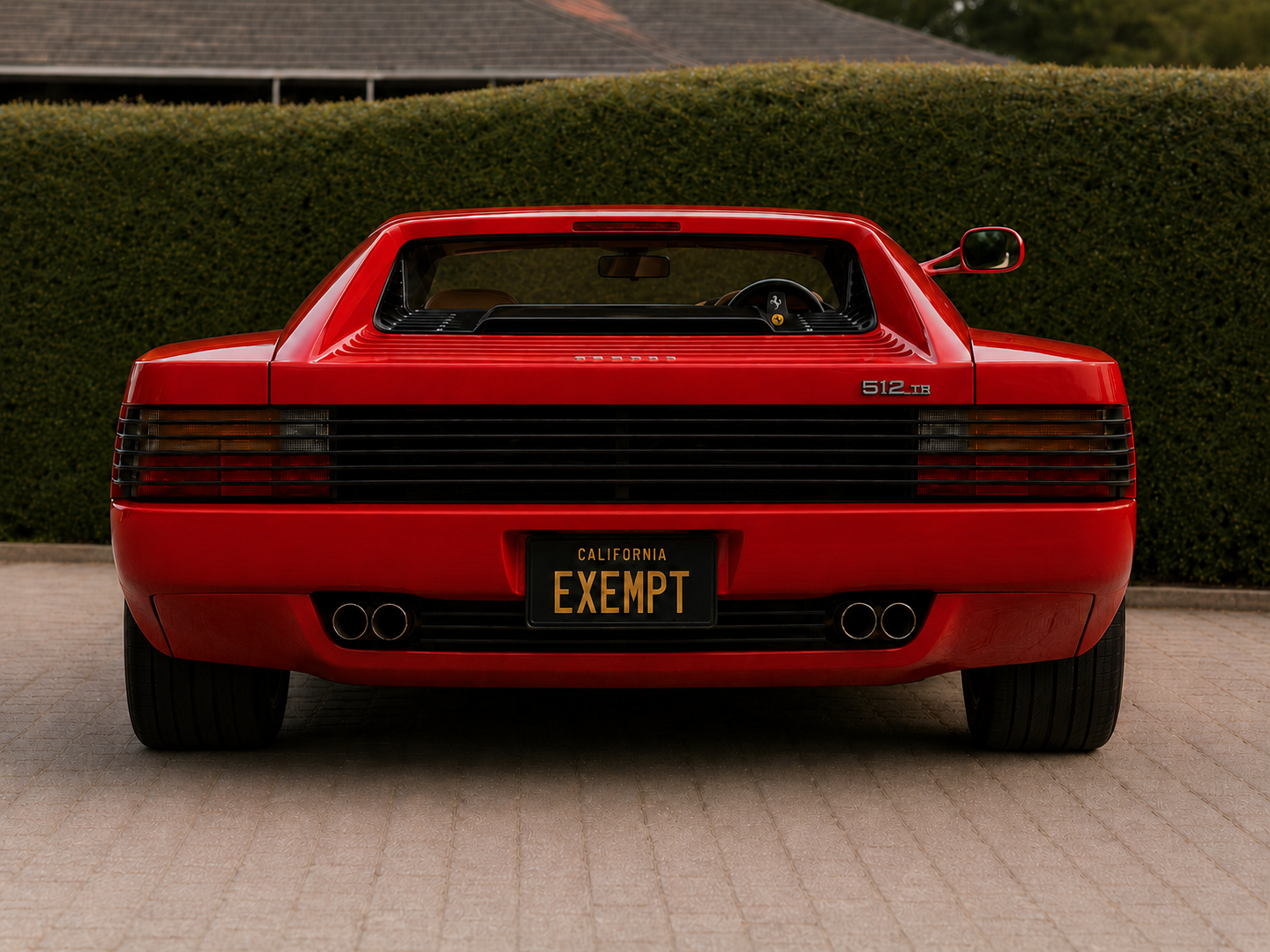 Rear view of Ferrari 512 TR with TrePedali.com badge and California EXEMPT plate