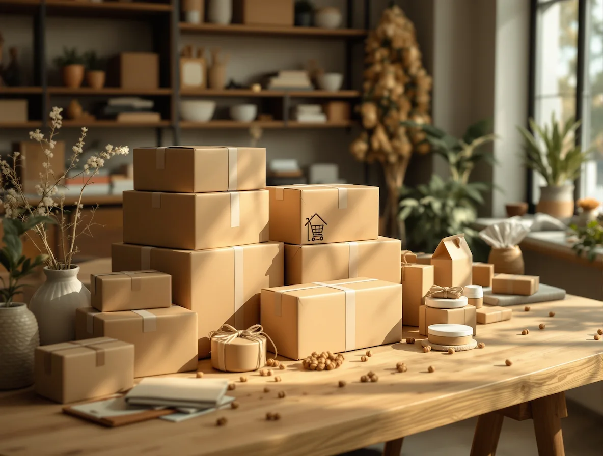 Товарний бізнес онлайн для жінок Жінка-підприємець з товарами та упаковкою — реальний бізнес